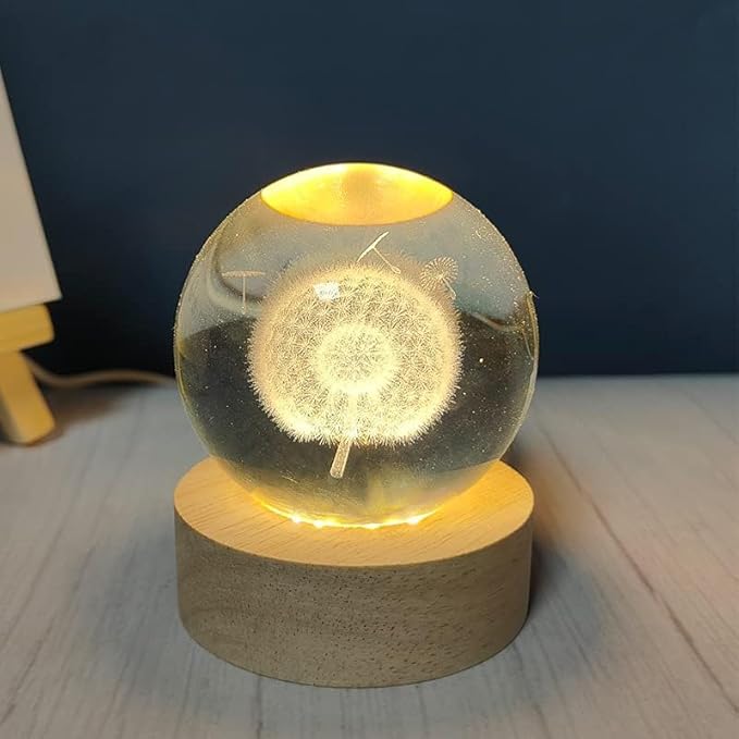 C&M 3D Dandelion Crystal Ball Night Light,Dandelion Figurine Lamp,Decorative Glass Sphere Ball Paperweight Crystal Sea Animal Decorations for Home (Dandelion)