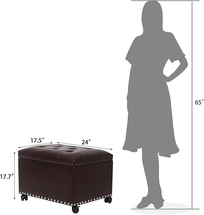 Decent Home Leather Storage Ottoman Bench with Steerable Rolling Wheels, Rectangle 24 Inch Foot Rest Ottomans Stool for Living Room Bedroom (Vintage Brown)