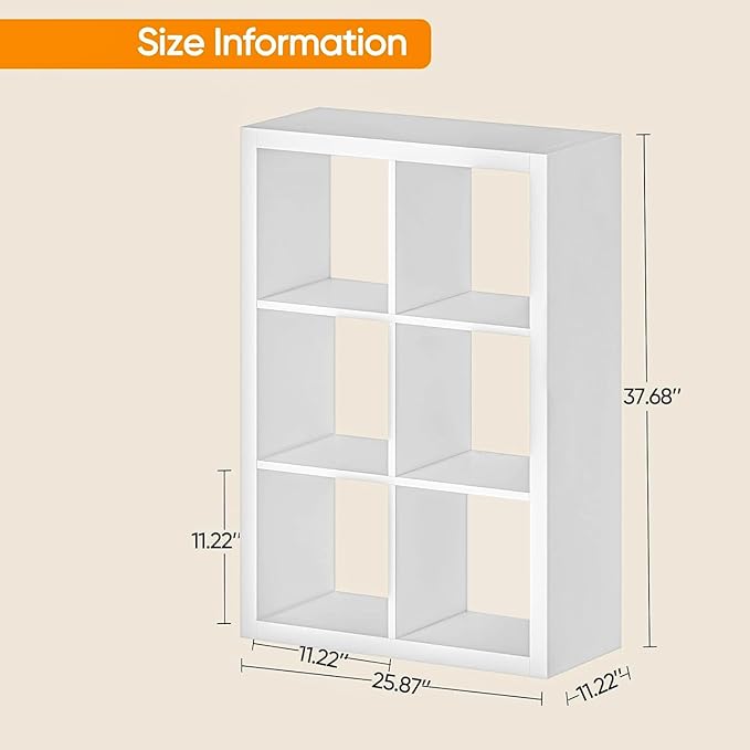 Bookshelf with Storage Bin, 6-Cube Storage Organizer, Modern Wood Open Bookcase, Multifunctional Display Cubicle Shelf for Living Room, Bedroom, Home Office, White
