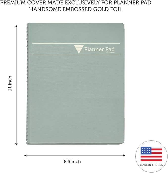 Planner Pad Spiral Bound January-December 2026/ Calendar Year 8 1/2" x 11" Large 3-Tier Funnel Down 12 Month Organizer, Greenish Grey Cover/Soft Green Ink