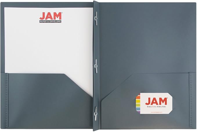 JAM PAPER Plastic Color POP Folders - 2 Pocket Durable Folders with Metal Prongs Fastener Clasps - Grey - Bulk 96/Pack