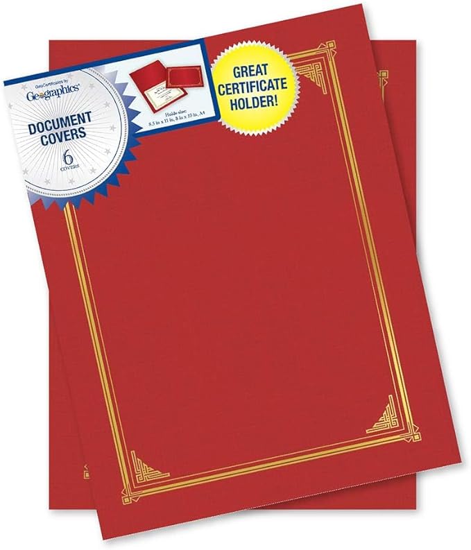 Geographics Classic Linen Red Certificate Holders with Gold Foil Border, 9.75" x 12.5", Pack of 6 – Premium Document Covers for Awards, Diplomas & Certificates