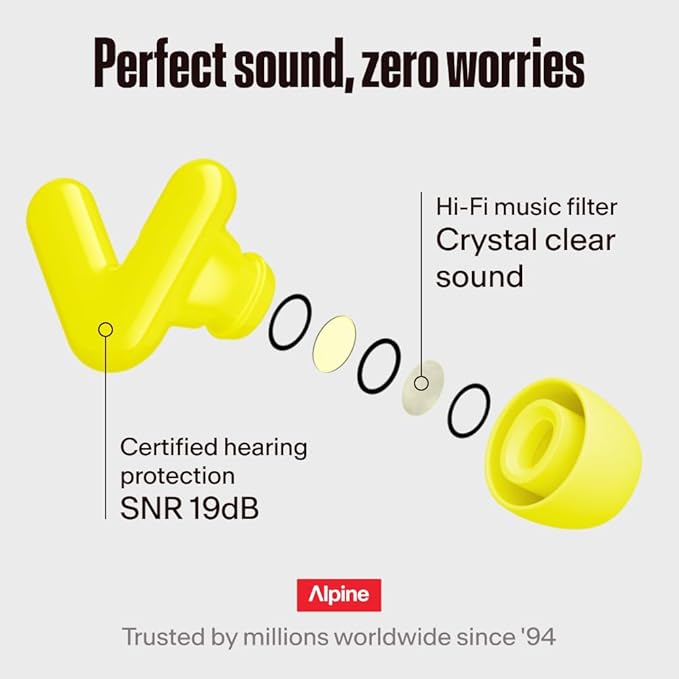 Alpine Tune Earplugs, Concert Ear Plugs for Noise Reduction, High Fidelity Music Quality, 19dB Hearing Protection with Crystal Clear Sound, Incl. 4 Sizes, For Parties, Raves, Festivals & Clubs, Yellow