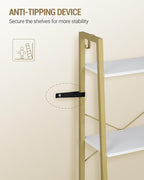 Hzuaneri Ladder Shelf, Bookshelf Bookcase, Freestanding Corner Storage Shelve with 2 Hooks for Home Office, Living Room, Kitchen, Bedroom, Industrial, 11.8" D x 17.3" W x 63" H, White Gold BC19213G