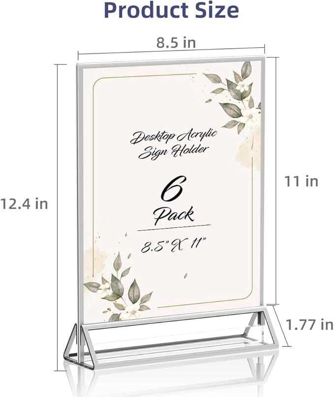 PPH-Sisy Clear Acrylic Sign Holder 8.5X11 with Silver Borders Display Stand, Double Sided Acrylic Picture Frames Plastic Sign Holder for Wedding Table Numbers Menu Holder (6 Pack)
