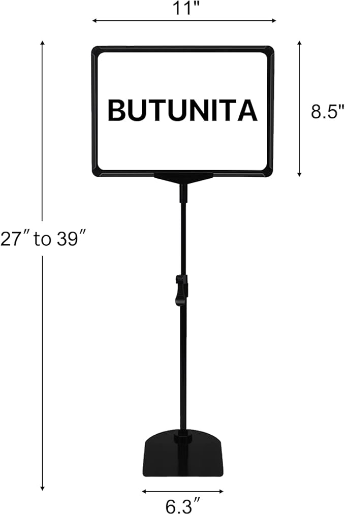 BUTUNITA Adjustable Sign Holder - 8.5 x 11 Inch, Table & Floor Stand, Vertical & Horizontal Display, Black (6Pcs)