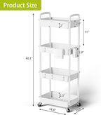 Sorgion 4 Tier Rolling Cart Organizer,Art Craft Diaper Bedside Snack Laundry Room Bathroom Organizer Narrow Thin Slim Rolling Trolley Utility Cart with Wheels for Kitchen,Office(White)