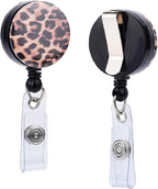 Will Well Badge Holders with Belt Clips for Securing onto Pockets and Purse Straps, with Retractable 27.5" UHMWPE Fiber Pull Cords, Strong Build with Fun Designs - 2-Pack, Cheetah Print