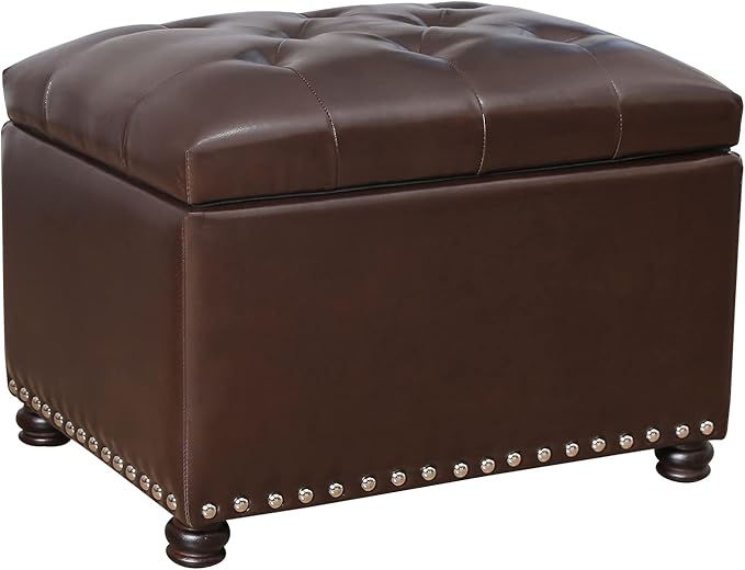 Decent Home 24'' Leather Storage Ottoman Rectangular Foot Rest Stool with Nailhead Trim for Bedroom Living Room(Dark Brown)