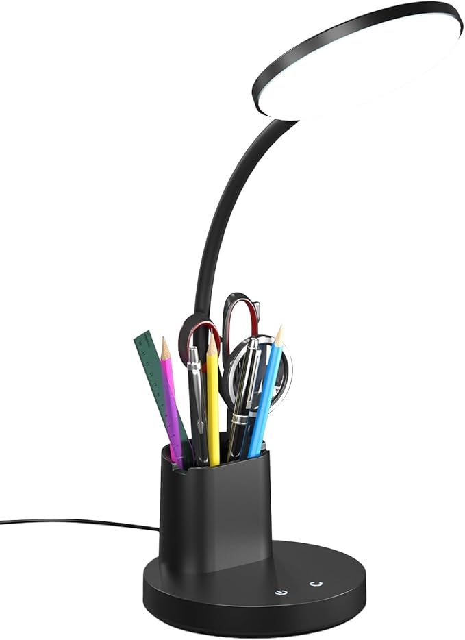 Vicsoon Desk Lamp, LED Desk Lamp for Home Office, Touch Table Lamp with 3 Color Modes 360° Adjustable Arm, Dimmable Desk Light with Pen Phone Holder, Black