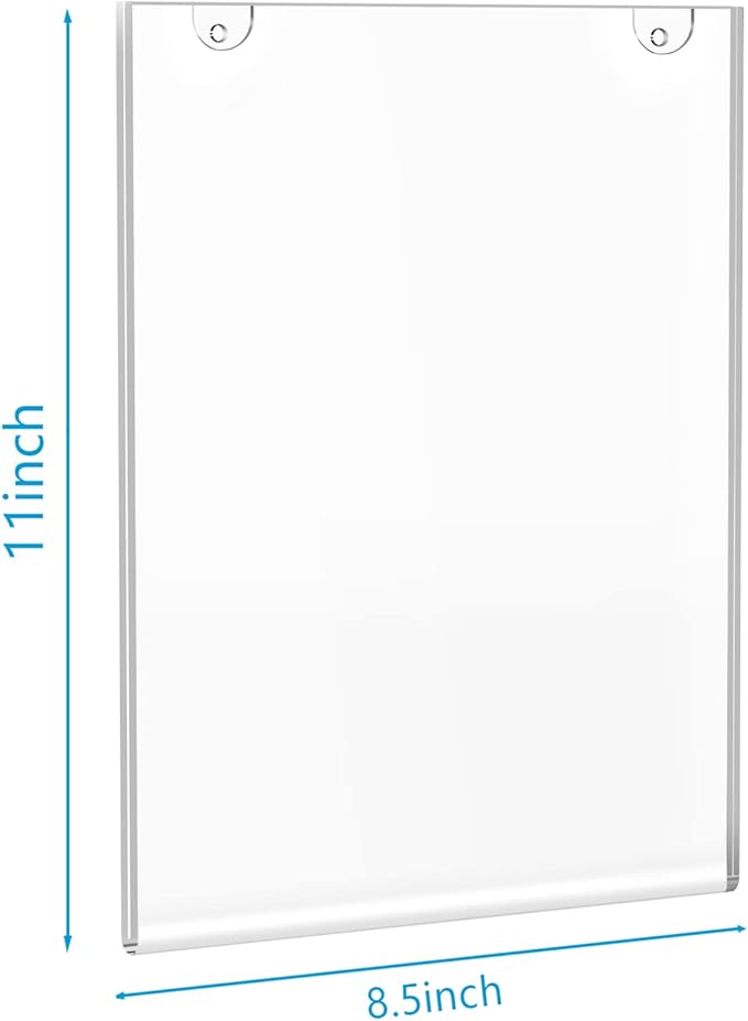 PecMuikee Acrylic Sign Holder 8.5x11, Wall Mount Acrylic Sign Holder and Plastic Paper Display Ad Frame bonus with 3M Tape and Mounting Screws for Restaurants, Office, Market, Library, Store, 6 Pcs