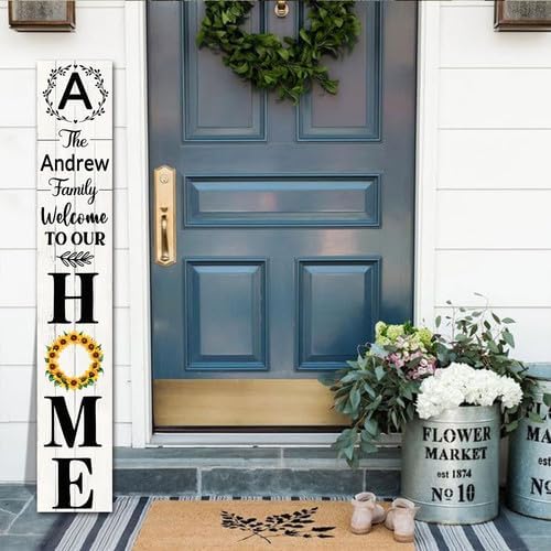 SRongmao Welcome To Our Home Porch Sign Personalized Welcome Sign for Front Door Custom Family Name Signs Standing Vertical Rustic Farmhouse Sunflower Wreaths Decor for Front Door Wall Decor