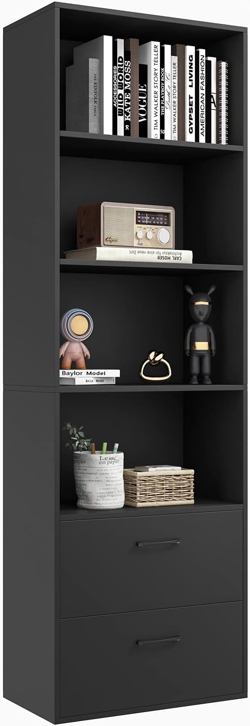 Tangkula 4 Shelf Bookcase with 2 Drawers, 74 Inch 4 Tiers Tall Open Bookshelf with 2 Slide-Out Drawers, Anti-toppling Device, Freestanding Wood Storage Shelf for Home Office (Black, 74" H)