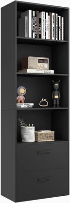 Tangkula 4 Shelf Bookcase with 2 Drawers, 74 Inch 4 Tiers Tall Open Bookshelf with 2 Slide-Out Drawers, Anti-toppling Device, Freestanding Wood Storage Shelf for Home Office (Black, 74" H)