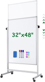 Rolling Whiteboard on Wheels, 32x48 Inches Double-Sided Magnetic Dry Erase Board with Stand, Height Adjustable Mobile White Board Easel for Classroom Home Office