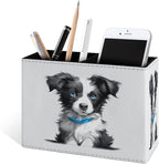 Famame Cute Border Collie Puppy Pencil Holder for Desk, Leather Desktop Container Pen Cup Storage Study Table Pen Organizer Makeup Brush Holder for Classroom Office Home