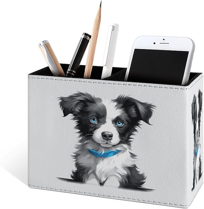 Famame Cute Border Collie Puppy Pencil Holder for Desk, Leather Desktop Container Pen Cup Storage Study Table Pen Organizer Makeup Brush Holder for Classroom Office Home