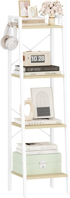 Hzuaneri Ladder Shelf, Bookshelf Bookcase, Freestanding Corner Storage Shelve with 2 Hooks for Home Office, Living Room, Kitchen, Bedroom, Industrial, 11.8" D x 13.4" W x 47.2" H, White Oak and White