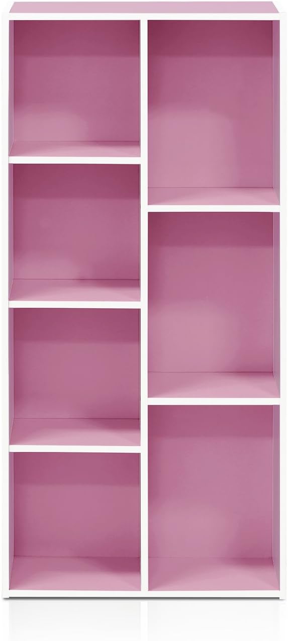 Furinno LUDER Book Shelf, 7-Cube Bookshelf, Bookcase, 9.4 x 19.5 x 41.7, for Living Room, Bedroom, Home Office, White/Pink