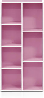 Furinno LUDER Book Shelf, 7-Cube Bookshelf, Bookcase, 9.4 x 19.5 x 41.7, for Living Room, Bedroom, Home Office, White/Pink