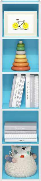 Furinno PASIR Book Shelf, 5-Tier Modern Bookshelf, Open Shelves Bookcase 9 x 12 x 52, for Living Room, Bedroom, Home Office, Light Blue/White