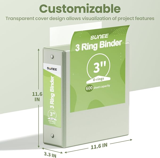 SUNEE 3 Ring Binder 3 Inch 1 Pack, Clear View Binder Three Ring PVC-Free (Fit 8.5x11 Inches) for School or Office Supplies, Sage Green
