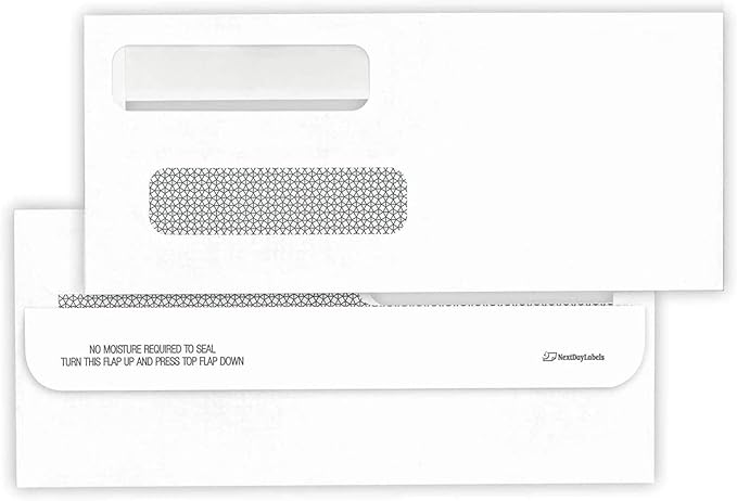 NextDayLabels #8 Double Window Check Envelopes - 100 Pack Ready-Seal Business Envelopes with Security Tint - Self-Sealing Envelopes with Window for Laser Printed Checks - Made in USA