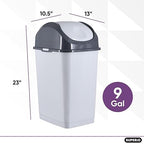 Superio Kitchen Trash Can with Swing Top Lid 9 Gallon Slim Waste Bin 37 Qt Sturdy Plastic Garbage Can Medium Recycling Bin for Office, Bathroom, Under Counter, Dorm, Bedroom (Smoke White/Grey)