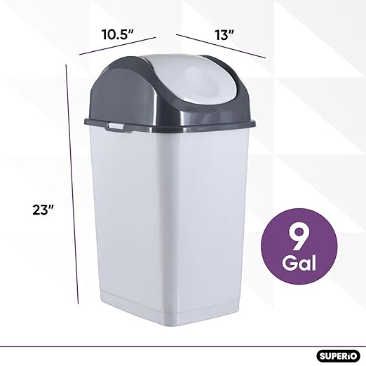 Superio Kitchen Trash Can with Swing Top Lid 9 Gallon Slim Waste Bin 37 Qt Sturdy Plastic Garbage Can Medium Recycling Bin for Office, Bathroom, Under Counter, Dorm, Bedroom (Smoke White/Grey)