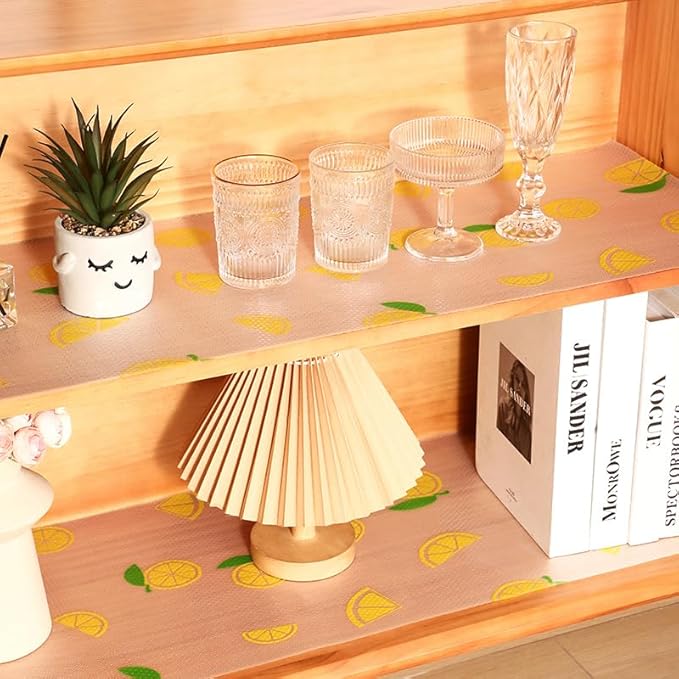 Lemon Print Shelf Liner with Green Leaf – Non-Adhesive Waterproof Drawer and Cabinet Liner – Decorative Kitchen Shelf Paper for Pantry, Closet, Cupboard, Countertop