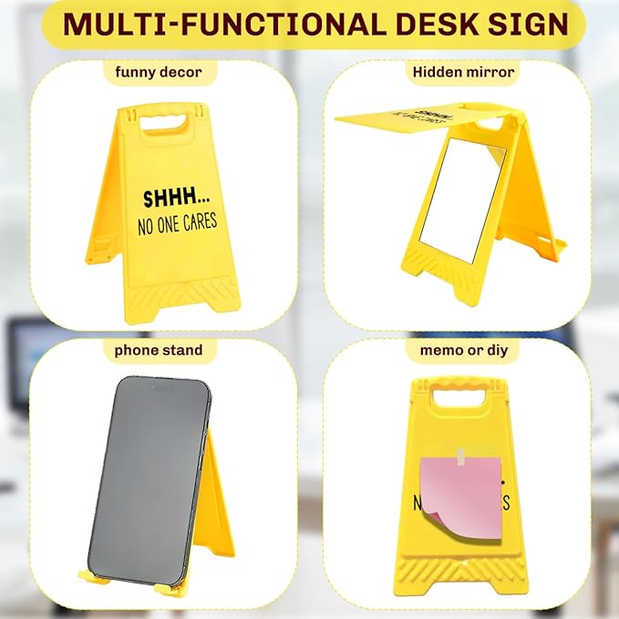 Funny Office Desk Accessories,Office Cubicle Decor,Desk Decor,Phone Holder Mirror Acrylic Table Signs， Team Humorous Gag Gifts for Coworker Supervisor Leader Designer Cashier Manager (No One Cares )