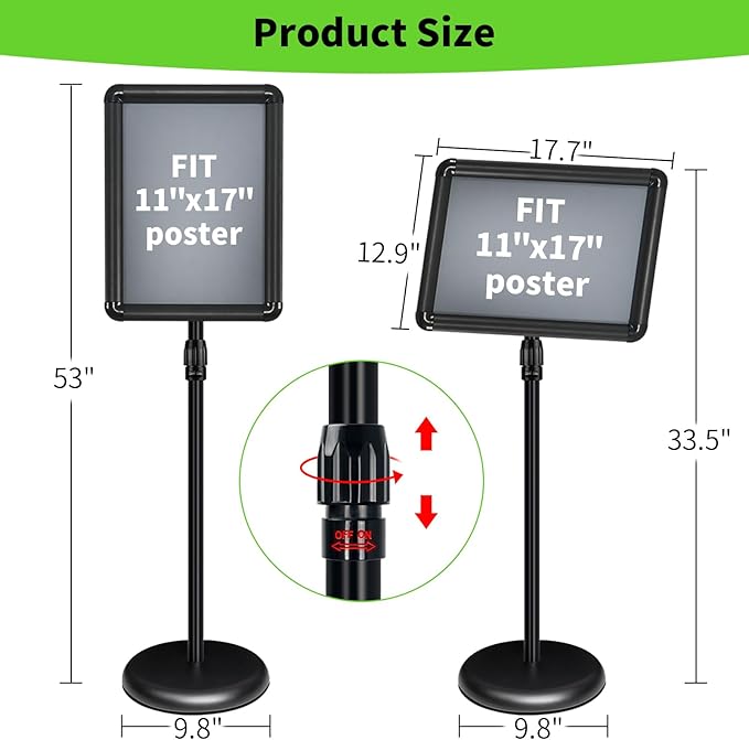 INNOVSIGN Adjustable Pedestal Sign Holder Stand 11x17Inch, Floor Standing Poster Sign Stand, Aluminum Frame for Vertical/Horizontal View Sign Stand,Outdoor/Indoor Standing Sign Holders(Black,Round)