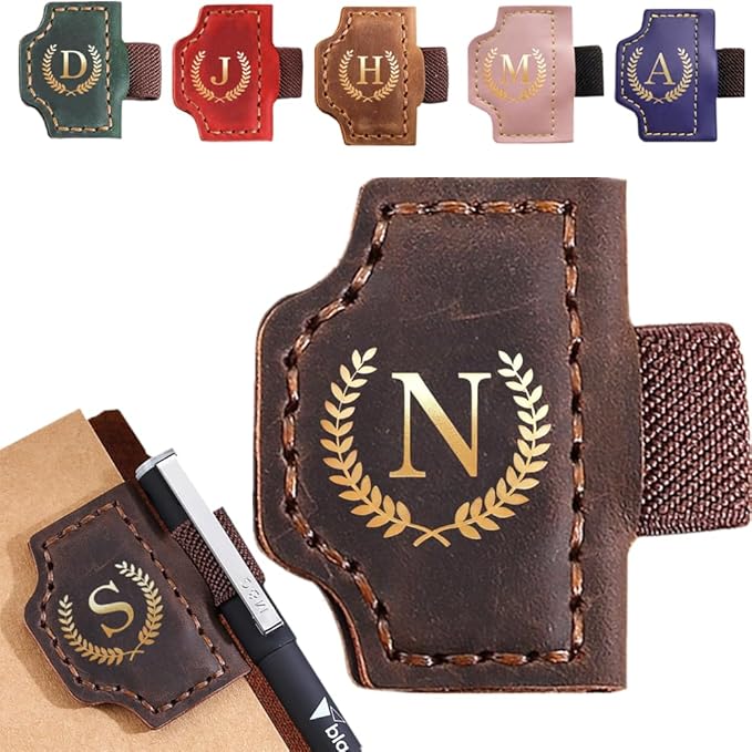 Personalized Mark Bookmark with Pen Holder, Leather Magnetic Book Marker 26 Letters,Custom Initials Page Marks, Gifts for Book Lovers Readers Men Women (Coffee, N)
