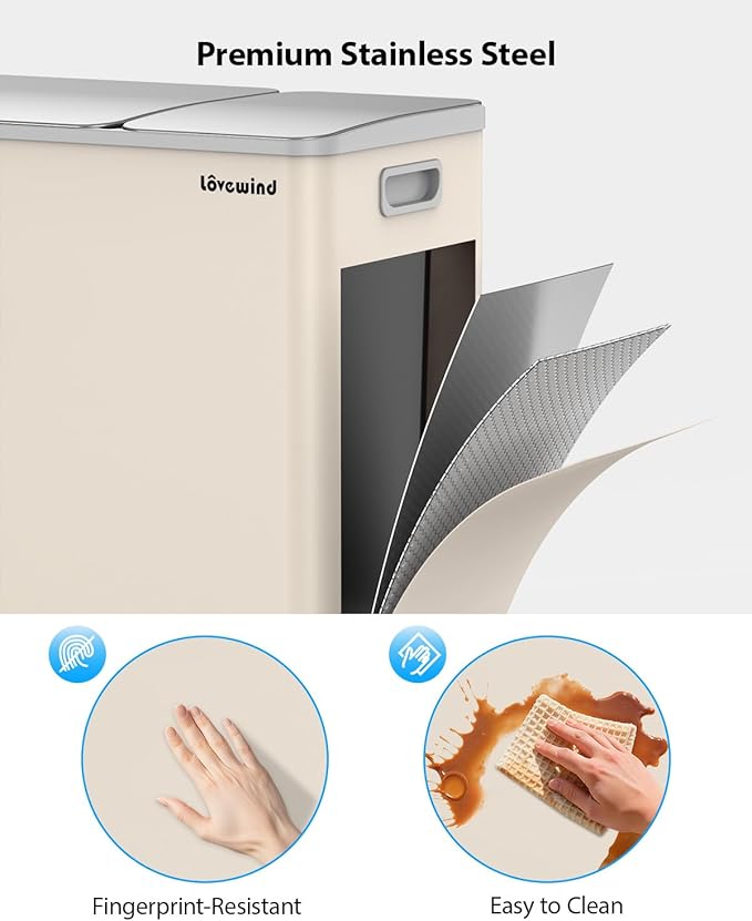 Lovewind Dual Trash Can, 14 + 6 Gallon Garbage Can for Kitchen Dual Compartment Recycling Kitchen Step Trash Bin, Stainless Steel Trash and Recycle Bin Combo with Soft-Close Lid, Apricot
