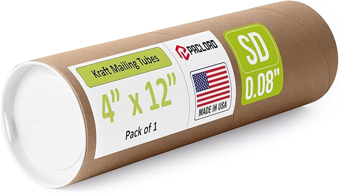 Paclord 4" x 12" Reinforced Kraft Paper Mailing Tube, Pack of 1 Tube with 2 Caps – Secure USPS Approved Poster Tube – Cardboard Tube for Shipping and Storing Posters, Prints, Artwork, or Documents