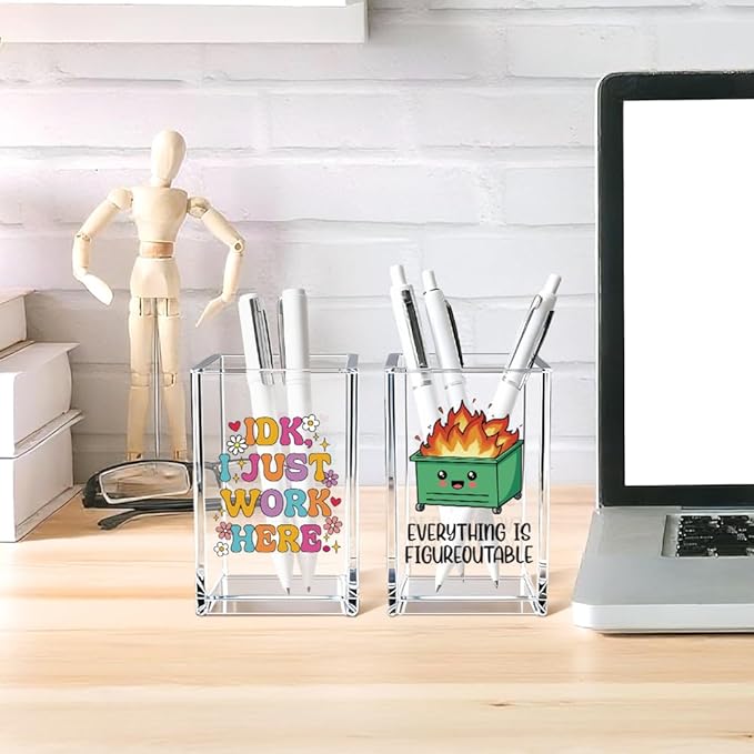 Vgrti Funny Dumpster Fire Work 2 Pack Acrylic Cosmetic Pencil Pen Holder Cup, Cute Office Pen Holder for Desk, Funny Work Burnout Gifts for Coworker Friend, Mental Health Gifts for Women Boss Teacher