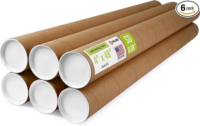 4" x 48" Reinforced Kraft Paper Mailing Tube, Pack of 6 Tube with 2 Caps Each – USPS Approved Poster Tube – Made in USA Cardboard Tube for Shipping and Storing Posters, Prints, Artwork, or Documents