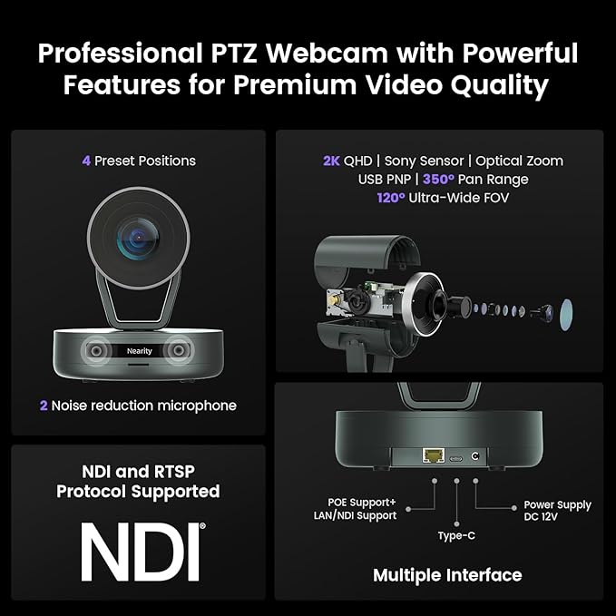NEARITY Conference Room Camera System, Zoom Certified Scalable Conference Speakerphone, POE Daisy Chain, Noise Reduction, 2K NDI PTZ Webcam w/Optical Zoom for Video Conferencing/Streams in Large Rooms