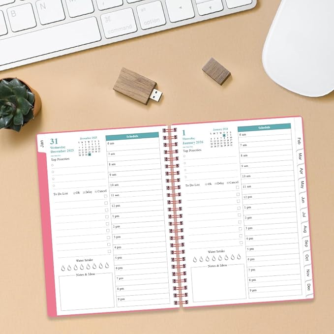 2026 Daily & Monthly Planner - One Page Per Day, Daily Planner 2026 from January 2026 to Deccember 2026, Planner 2026 with 12 Monthly Tabs, 6.4" x 8.5", Pink