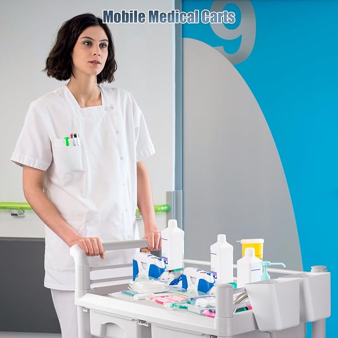 Medical Carts with Wheels 2 Tier Mobile Esthetician Cart 220 LBS Load Hospital Trolley Cart for Ultrasound Scanner Utility Cart with Bucket Sharp Box Storage Basket for Beauty Salon Dental Clinic Home