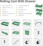 Sorgion 3 Tier Rolling Cart Organizer,Laundry Room Bathroom Organizers and Storage Office Shelves Mobile Shelving Unit Kitchen Trolley Cart with Wheels for Art,Craft,Diaper,Bedside,Snack(Green)