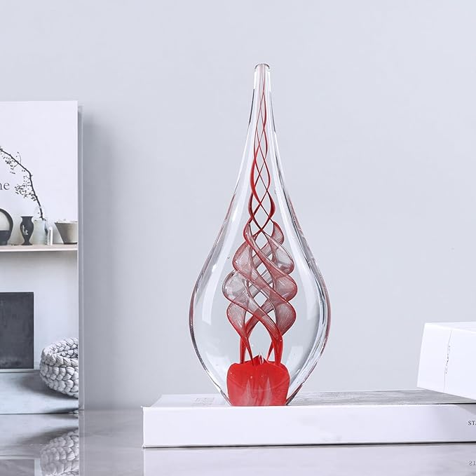 LCCCK 9" Tall Sculpture Hand Blown Glass Decor, Paperweight for Office Desk, Modern Glass Art Figurines Mediterranean Beach House Decor, Living Room Coffee Shelves Table Top Decoration (Swirl Red)