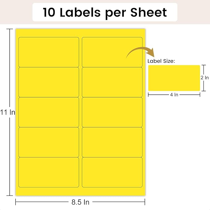 THEBLUETOUCH 2" x 4" Colored Labels Stickers, 5 Bright Colors Assorted Neon Labels for Laser/Inkjet Printers, 250 Printable Address Stickers (25 Sheets)