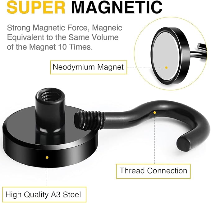DIYMAG Black Magnetic Hooks, 85 LB Heavy Duty Strong Magnets with Hook, Rare Earth Neodymium Magnet Magnetics for Cabins Cruise Ship Essentials 4 Packs