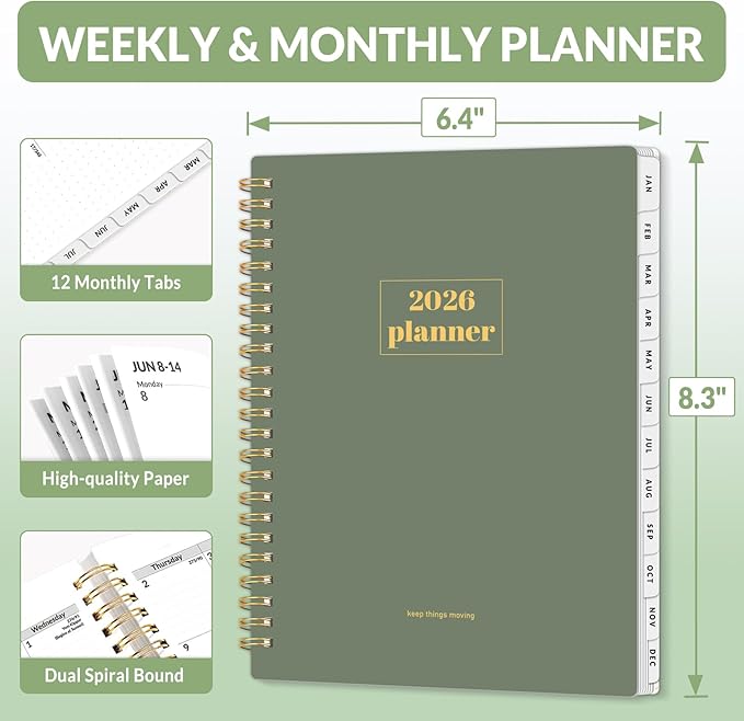 SUNEE 2026 Planner, Weekly and Monthly Calendar Planner, January 2026-December 2026, Daily Agenda with Tabs, Note Pages, Spiral Binding, 6.4"x8.3", Sage Green