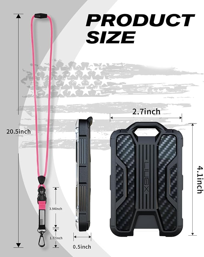 LIUGX Badge Holder with Heavy Duty Breakaway Lanyard, Carbon Fiber-Texture, Durable ID Card Holder (Holds 6 Cards) with Quick Release Detachable Buckle, Metal Clip, American Flag