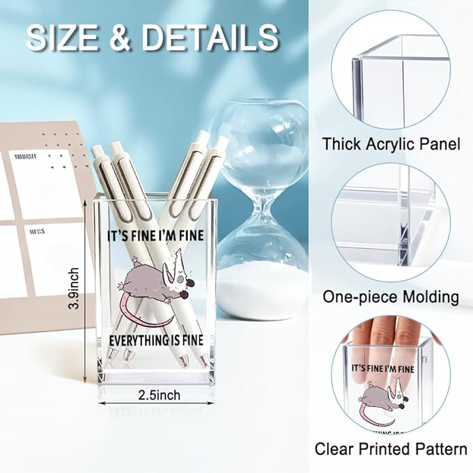 QYUVK It's Fine I'm Fine Everything Is Fin Acrylic Makeup Brush Pencil Holder Cup, Funny Opossum Pen Holder Gifts For Friends Nurse, Office Sarcastic Gifts for Women Men Coworker, Desk Organizer