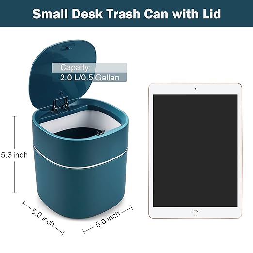 Business King Mini Desk Trash Can with Lid with Trash Bags 180 pcs Press-Top 0.5 Gallon Tiny Countertop Waste Basket Small Table Top Plastic Covered Garbage Bin for Desk Top (Blue)