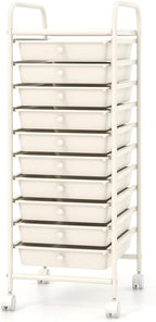 Giantex 10-Drawer Storage Cart w/Universal Wheel, Rolling Cart w/Handle, Home Organizer Storage Unit w/Removable Drawers, Trolley Utility Cart for Kitchen Makeup Living Room Office Play Room, Ivory