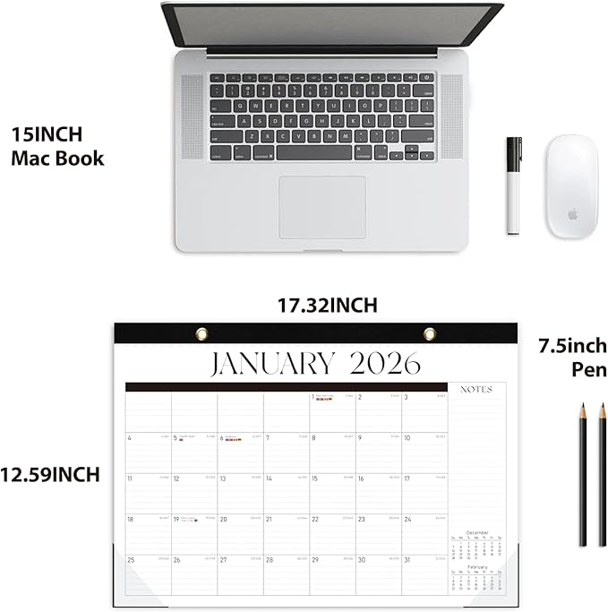 Desk Calendar 2026, Monthly Desktop Large Calendar (Jan 2026 - Jun 2027) 17" x 12" Desk Wall Planner for Family Teacher School Office Supplies, Black-White
